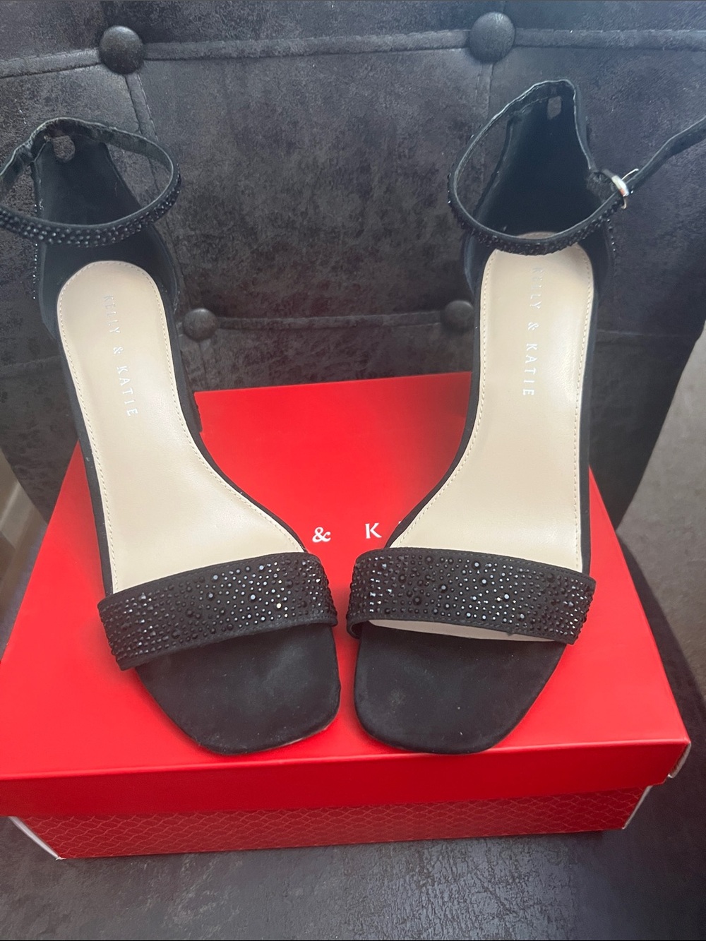 Kelly & Katie Black Crystal Strap Ankle-Heel Sandals